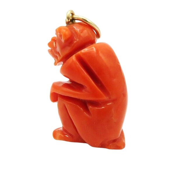 Vintage 14K Gold Carved Coral Grotesque Demon Amulet Charm Pendant 1930s - Picture 8 of 10
